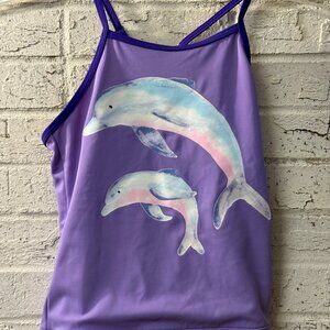 Lands’ End Girls 10S Tankini Swim Top | Purple Dolphins | Adjustable Straps
